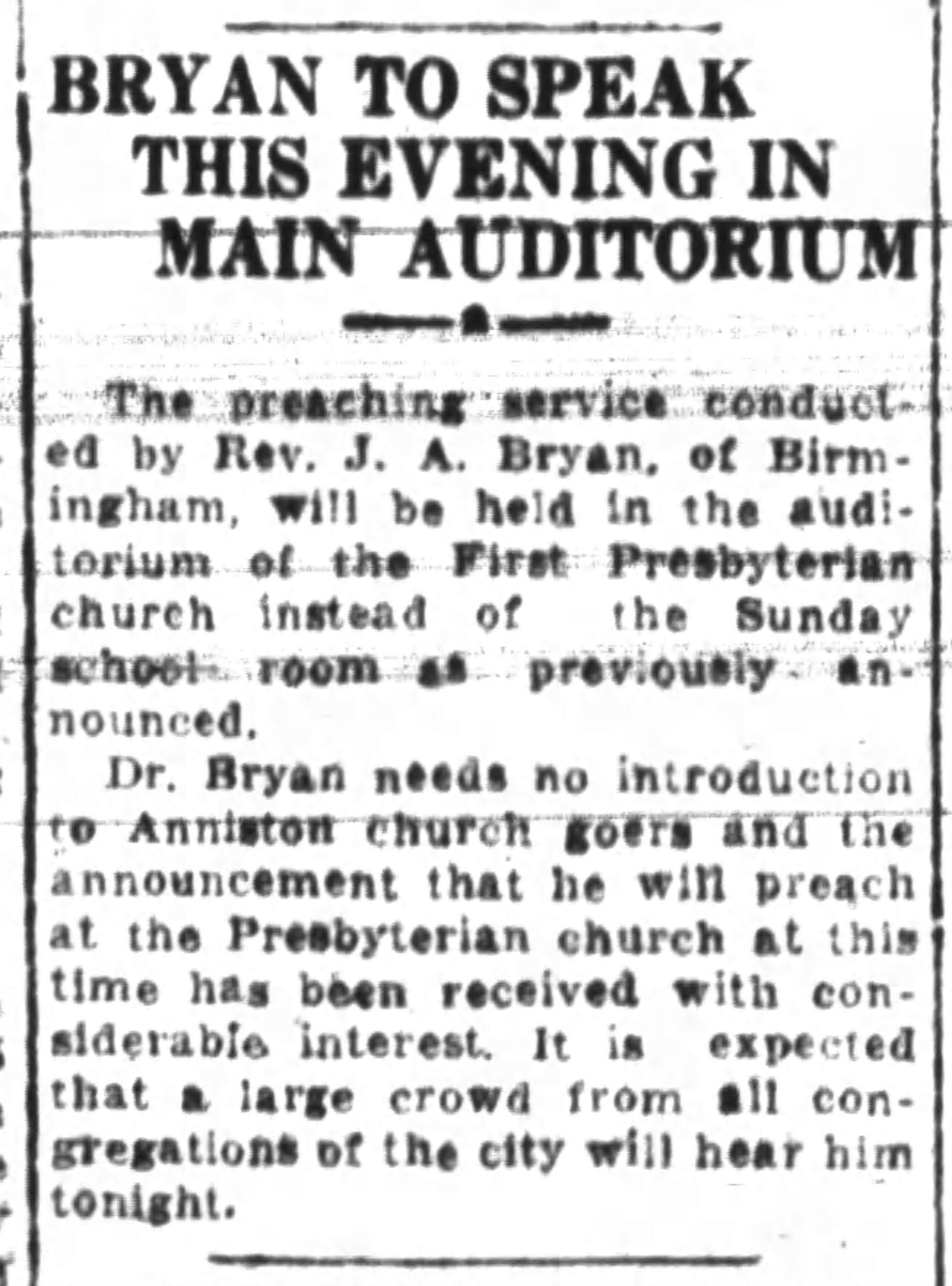 Bryan To Speak Tonight at Main Auditorium